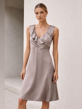 J.Crew Satin Midi Dress Ruffle V-Neck A-Line Taupe Size 6